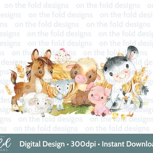 Animaux de la ferme PNG Clipart anniversaire Tshirt carte Design DTF DTG impression par sublimation Téléchargement instantané mignon vache cochon cheval invite autocollant