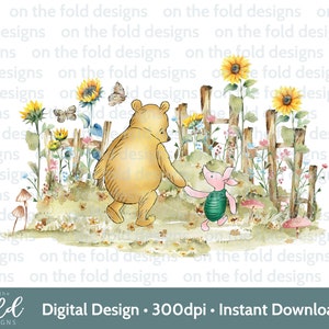 Clipart clássico de floresta do Ursinho Pooh, imagem fofa de bebê, flores silvestres, girassóis, download transparente, impressão de sublimação, gráfico de aquarela