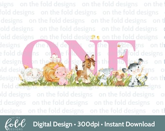 Pink Farm Yard Animals PNG Clipart 1st Birthday Tshirt Card Design DTF DTG Sublimation Print Instant Download Girl One Invites Sticker
