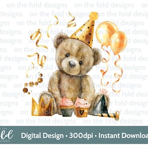 Teddy New Years Eve, Birthday Blackand Gold Celebration baby design, nadruk sublimacyjny, pobieranie cyfrowych clipartów PNG, projekt akwarelowy