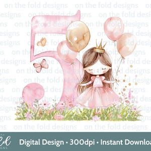 Prinzessin 5. Geburtstag Clipart PNG Rosa Luftballons Fee Eisen Auf Sublimation Crafting Kartenherstellung UVDTF DTG Transparent Download Ich bin Fiver Pj