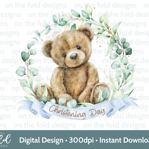 Clipart baptême ours en peluche baptême communion croix PNG sublimation carte gilet Design bleu eucalyptus téléchargement Transparent