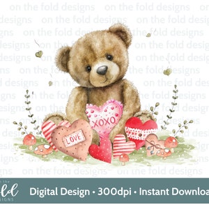 Ursinho de pelúcia Valentine Heart Garden Clipart PNG Download digital instantâneo DTF Sublimação Cartão Artesanato Colete de bebê Imagem de artesanato Cartão de dia dos namorados