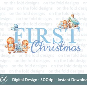 Primeiro clipart de gengibre de Natal, fofo primeiro Natal PNG aquarela digital instantânea, bebê menino azul, design de cartão, sublimação, bastão de doces