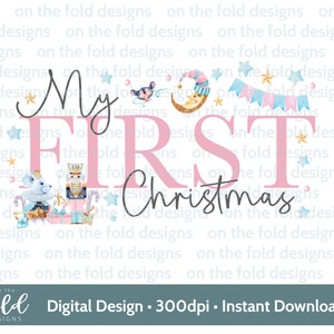 1º Natal, design rosa para menina, impressão por sublimação, clipart digital PNG, roupas de bebê, cartões de Natal, babadores, design em aquarela, camiseta