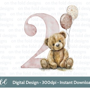 Teddy Bear, Number 2, Balloons, 2nd Birthday, Clipart, Sublimation. PNG. Instant Digital Download, Neutral Colours, On the Fold Designs