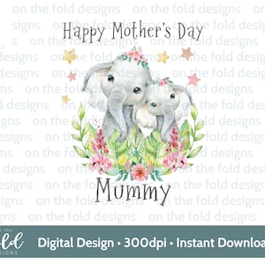 Dia das Mães Elefante Clipart Nova Múmia PNG Floral Digital Download Sublimação UV-DTF Impressão Cartão Fazendo Colete de Bebê Babador 1º Dia de Mãe Sunsay