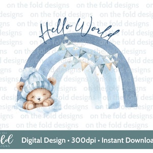 Orsacchiotto Hello World Baby Blue Boy Arcobaleno PNG Bosco Sfondo Trasparente Tshirt Acquerello sublimazione digitale Download UV-DTFDTG