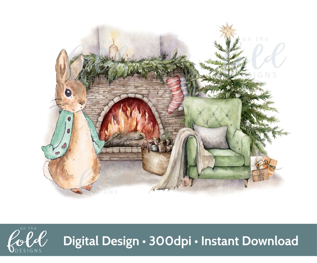 Peter Rabbit Christmas Tree and Fireplace Traditional PNG Instant