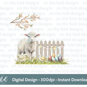 Agneau de Pâques, aquarelle PNG, clipart numérique instantané. à télécharger, scène de Pâques, mignon à imprimer, carte de vêtement pour bébé, impression par sublimation