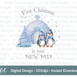 Nova casa 1º Natal, pinguins iglu azul PNG download instantâneo de clipart digital, design de cartão, enfeites, artesanato, aquarela de sublimação