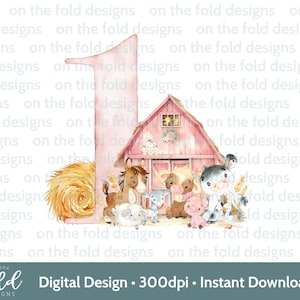 Animaux de la ferme rose PNG Clipart 1er anniversaire Tshirt carte Design DTF DTG impression par sublimation Téléchargement instantané Hirl une invite autocollant