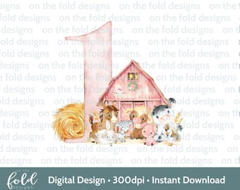Pink Farm Yard Animals PNG Clipart 1st Birthday Tshirt Card Design DTF DTG Sublimation Print Instant Download Hirl One Invites Sticker