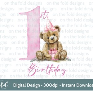 Paquete de regalo de primer cumpleaños de osito de peluche Clipart PNG transparente Descarga instantánea DTF, DTG, impresión de imágenes por sublimación Fabricación de tarjetas Manualidades Sombrero de fiesta