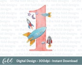 Space, Astronaut, 1st Birthday Number 1, Clipart, Sublimation, PNG, Digital Download, Spaceship, Rocket, Watercolor, On the Fold Designs