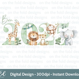Animales de safari nacidos en 2025 Clipart PNG transparente Descarga instantánea Diseño de invitación de sublimación verde salvia Chaleco de bebé nuevo Tarjeta de bebé