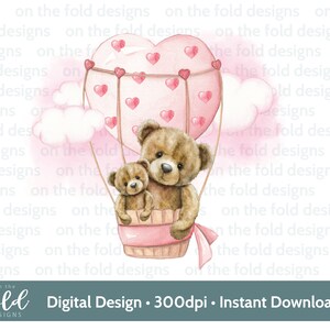 Ursinho de pelúcia Valentine Love Heart Balão de ar quente Clipart PNG Download digital Sublimação DTF Impressão Cartão Fazendo uso pessoal e em pequenas empresas