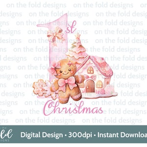 Primo Natale Clipart di pan di zenzero, carino primo Natale, PNG acquerello digitale istantaneo, bambina rosa, design della carta, sublimazione, bastoncino di zucchero