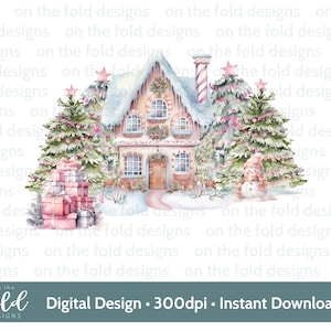 Winter Wonderland Pink Christmas Clipart Woodland Scene Xmas PNG download immediato sublimazione card design gingillo stampa pj acquerello