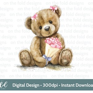 Ursinho de pelúcia Valentine Pink Flowers Clipart PNG Download digital Sublimação DTF Impressão Cartão personalizado Fazendo uso pessoal e em pequenas empresas