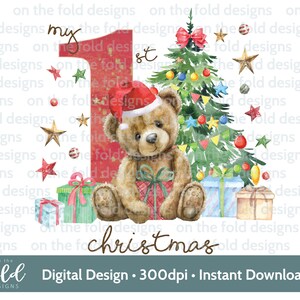 Premier ours en peluche de Noël, 1er Noël, téléchargement clipart numérique instantané PNG, vêtements pour bébé, conception de cartes de Noël, sublimation, canne en bonbon