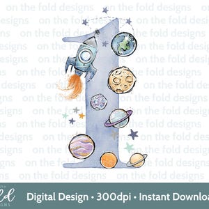 Weltraum, Astronaut, 1. Geburtstag Zahl 1, Clipart, Sublimation, PNG, digitaler Download, Raumschiff, Rakete, Aquarell, On the Fold Designs