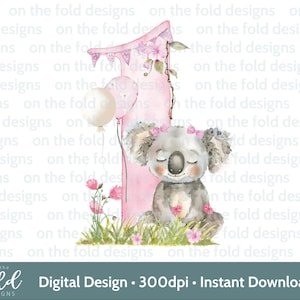Clipart 1er anniversaire Koala, bébé, Safari, jungle aquarelle carte gilet bébé Design rose une impression par Sublimation, Image graphique Uvdtg