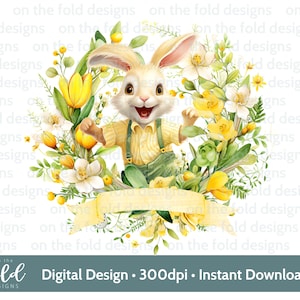 Lapin de Pâques jaune aquarelle PNG fleur sauvage oeufs de Pâques numérique Clipart carte conception sublimation impression toboggan gobelet vinyle