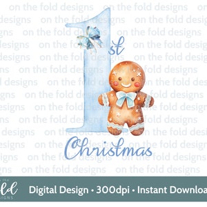 Erste Weihnachten Lebkuchen Clipart, süßes 1. Weihnachten PNG Sofortiges digitales Aquarell, Baby Boy Blau Kartendesign, Sublimation, PJ Weste Lätzchen Druck