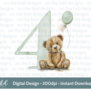 Ours en peluche, numéro 4, ballons, 4e anniversaire, des cliparts, des ballons verts, sublimation PNG, téléchargement numérique, couleurs vertes, sur les modèles de pli