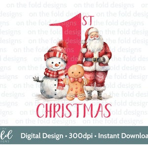 1er Noël rose Clipart Père Noël Père Noël et cadeaux Noël PNG téléchargement immédiat sublimation carte conception boule impression pj aquarelle