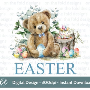 Ostern Teddy Clipart 1st Ostern Aquarell PNG Sofortige digitale Clipart Baby Weste Karte Blauer Ballon Osterweste Sublimationsdruck UVDTF
