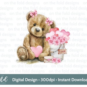 San Valentino Teddy Clipart Cuore rosso Palloncini PNG Download digitale Sublimazione Carte Regali Personali e piccole imprese, Simpatico orsacchiotto