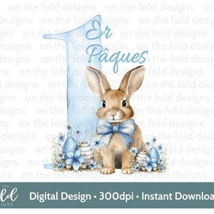 1er clipart Pâques, noeud papillon bleu Png lapin, aquarelle, sublimation, clipart numérique, fabrication de cartes, conception de gilet bébé, image UVDTF,