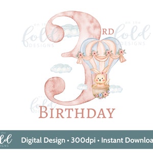 Montgolfière 3e anniversaire clipart sublimation conception PNG téléchargement numérique