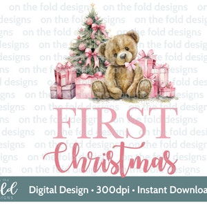 Teddy di Natale, 1° Natale, Baby Pink, download istantaneo di clipart digitale PNG, vestiti per bambini, design di cartoline di Natale, sublimazione, creazione di cartoline