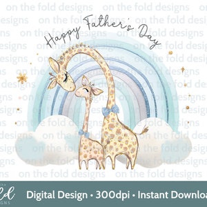 Clipart de jirafa del Día del Padre Papá + Bebé Arcoíris azul Impresión por sublimación UVDTF Imagen DTG Diseño PNG Gráfico Papá e hijo Tarjeta linda Chaleco para bebé
