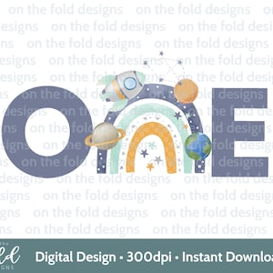 Weltraum 1. Geburtstag Clipart Sublimation PNG Ein Digitaler Download Raumschiff Rakete Mond Regenbogen Aquarell DTF Karte Weste Handwerk