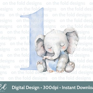 Elefante 1° compleanno Clipart Papillon Ragazzo Blu Sublimazione PNG download digitale istantaneo, Tshirt, Cake Topper Card Making Party Decor UV DTF