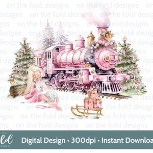 Trem de unicórnio rosa Clipart Inverno Woodland Snow Xmas PNG Download digital instantâneo Design de cartão de sublimação Impressão de bugigangas PJ Lembrança Artesanato