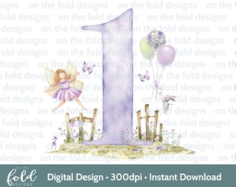 Fairy 1st Birthday Clipart Magical Purple Number One Watercolor Clipart First PNG Girl Print Transparent Background Sublimation Decal Design