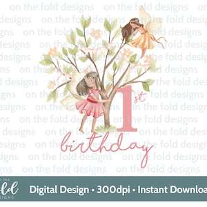 Clipart de hada del primer cumpleaños, clipart de acuarela de hadas rosas del primer cumpleaños, fondo transparente PNG, calcomanías de sublimación, diseño UV-DTF