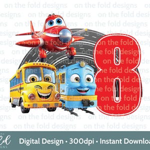 Veículo Clipart, Trem Avião Ônibus PNG, 8º Aniversário de Transporte Sublimação Design Imagem digital Topo de Bolo Design de camiseta Pj's UVTDF Design