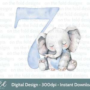 Éléphant 7e anniversaire Clipart noeud papillon garçon bleu sublimation PNG Téléchargement numérique instantané, Tshirt, décoration de gâteau, décoration de fête UV DTF