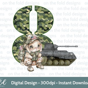 8e anniversaire de l'armée des cliparts, sublimation numéro 8 PNG en téléchargement numérique armée Tank Solider soldat américain Tshirt, carte artisanat Image UVDTF