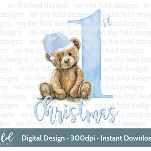 Orsetto di Natale, 1° Natale, Cappello di Babbo Natale, PNG download istantaneo di clipart digitali, vestiti per bambini, design di biglietti di Natale, Sublimazione, Bambino Blu