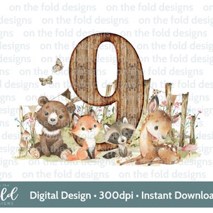 Neuvième anniversaire animal des bois png Clipart transparent, 9e fête, aquarelle souvenir, sublimation, image numérique, fabrication de cartes