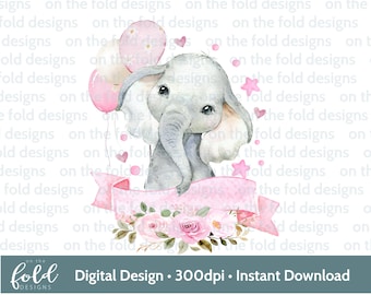 Baby Elephant Wreath, New Baby Clipart, Baby shower PNG, Girl Elephant, instant download, transparent background, sublimation, decal design