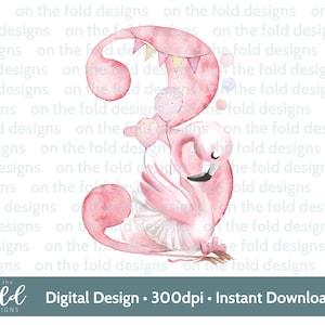 Flamant rose, 3e anniversaire, trois, clipart, png, téléchargement immédiat, sublimation, artisanat, anniversaire de fille, conception de cartes, conception girly rose, numéro3