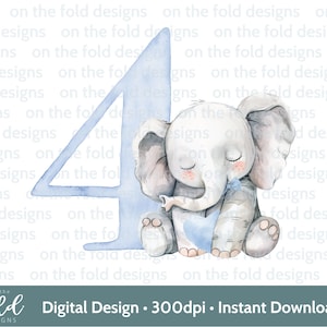 Elefante 4° compleanno Clipart Bow Tie Boy Blue Sublimation PNG download digitale istantaneo, Tshirt, Cake Topper Card Making Party Decor UV DTF
